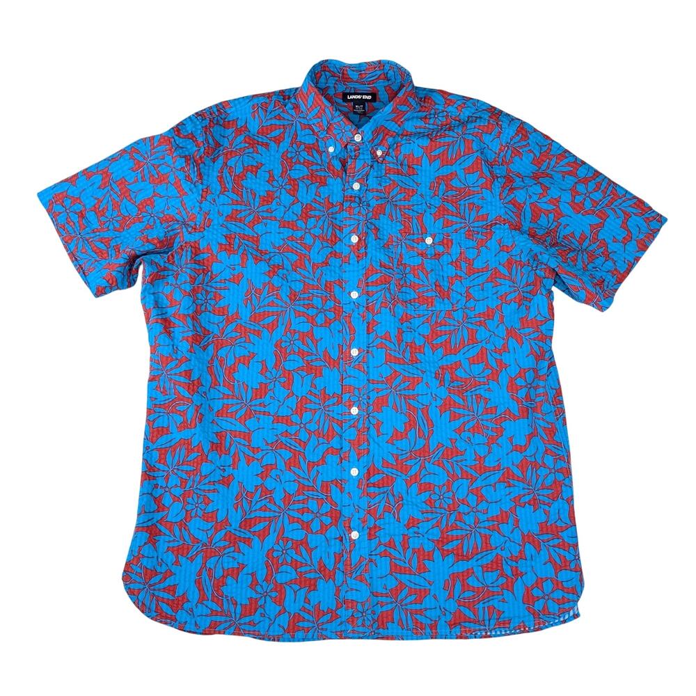 Lands’ End Short Sleeve Button Down Shirt Mens XL Tall Traditional Fit Tropical